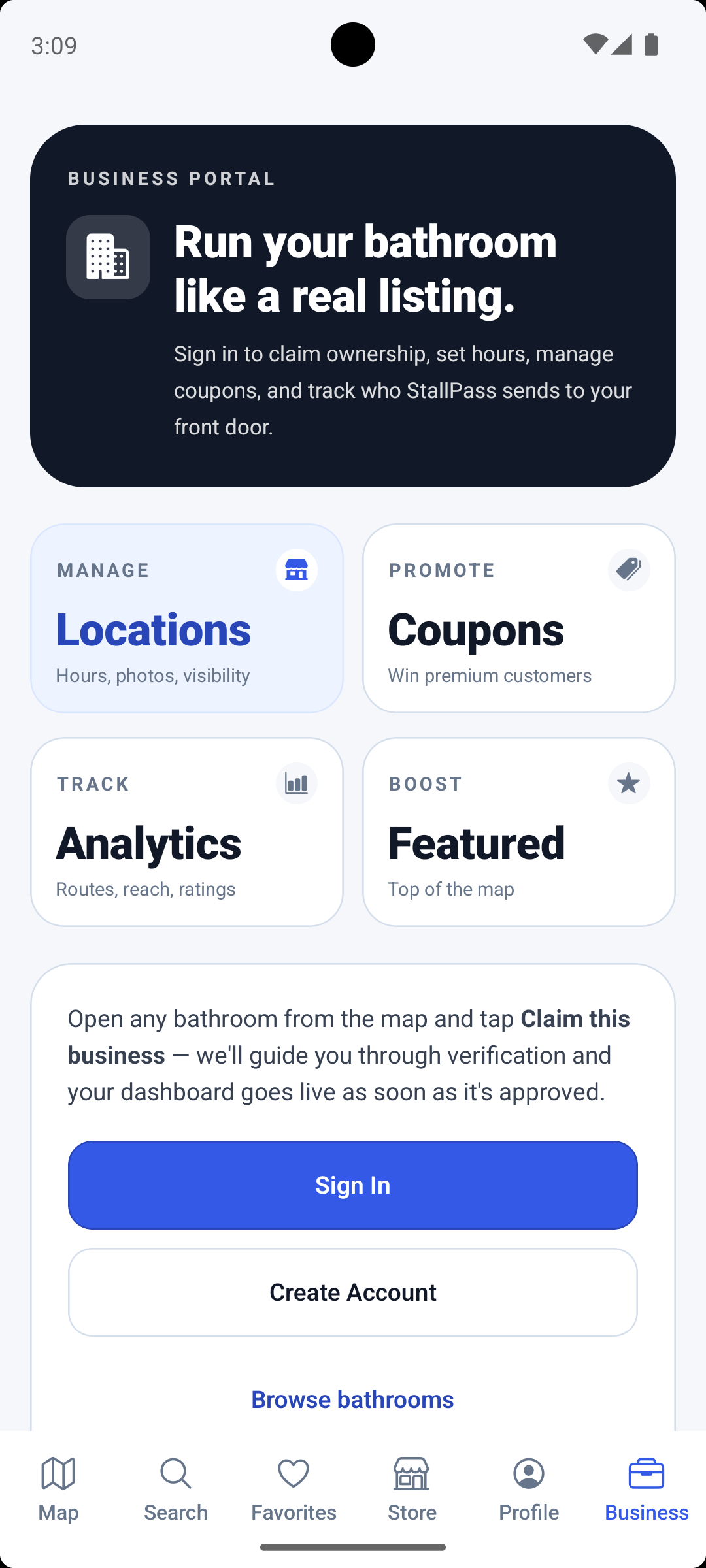 StallPass business portal dashboard preview